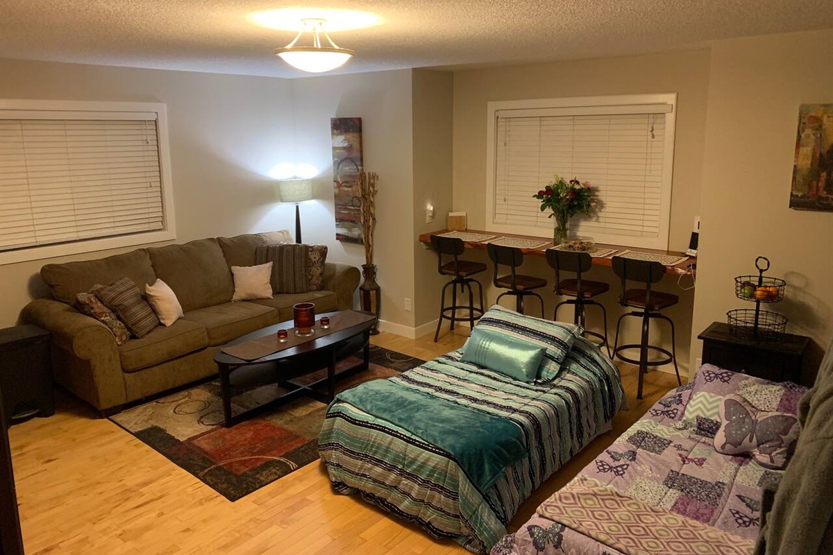 GUEST LIVING ROOM. PULL OUT COUCH AND TWIN BEDS AVAILABLE. LET US KNOW YOUR PREFERENCE AND WE CAN SET UP THE ADDITIONAL SLEEPING SPACE MANY DIFFERENT WAYS.