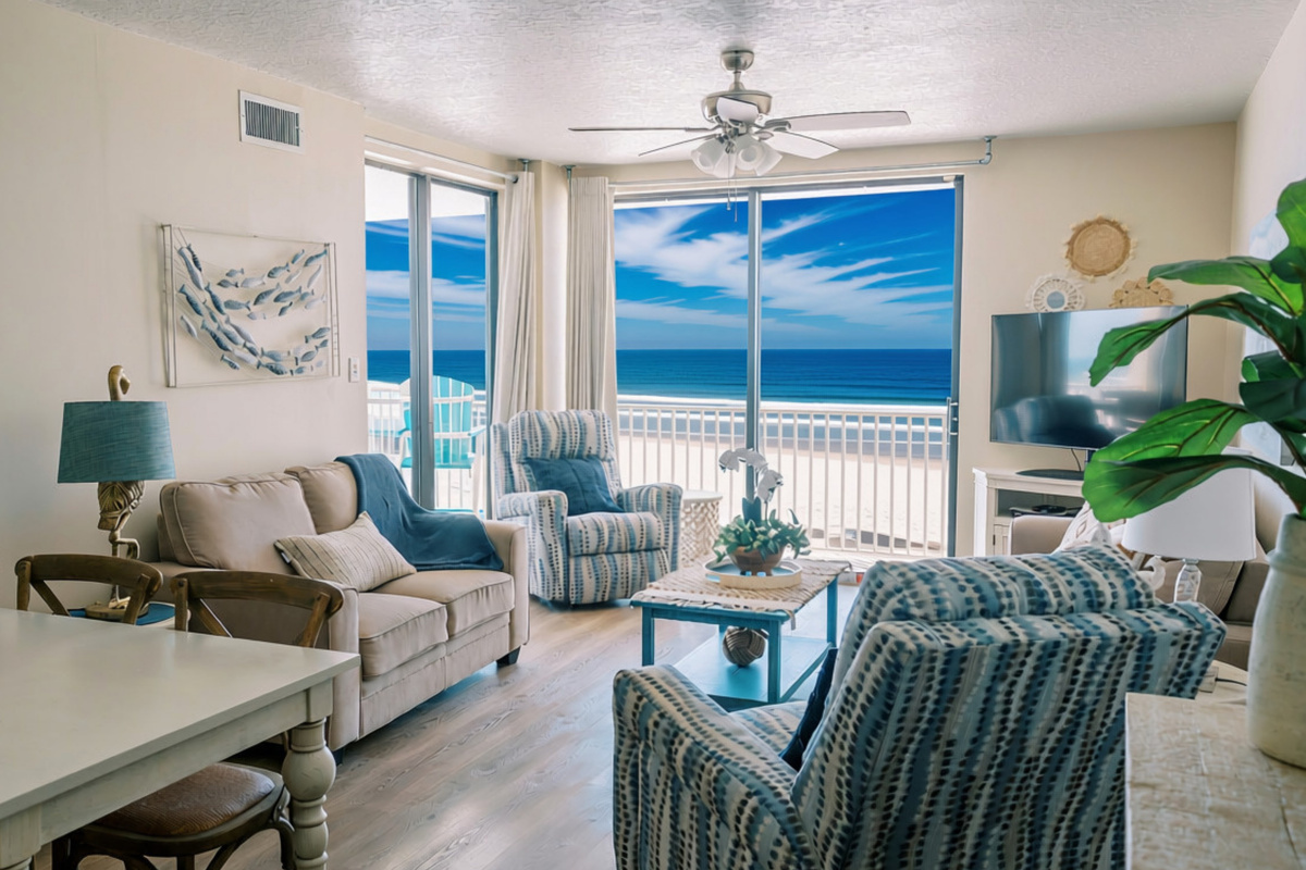 Step right out your sliding window into the sounds of waves and dolphin-watching, all while in PJs!