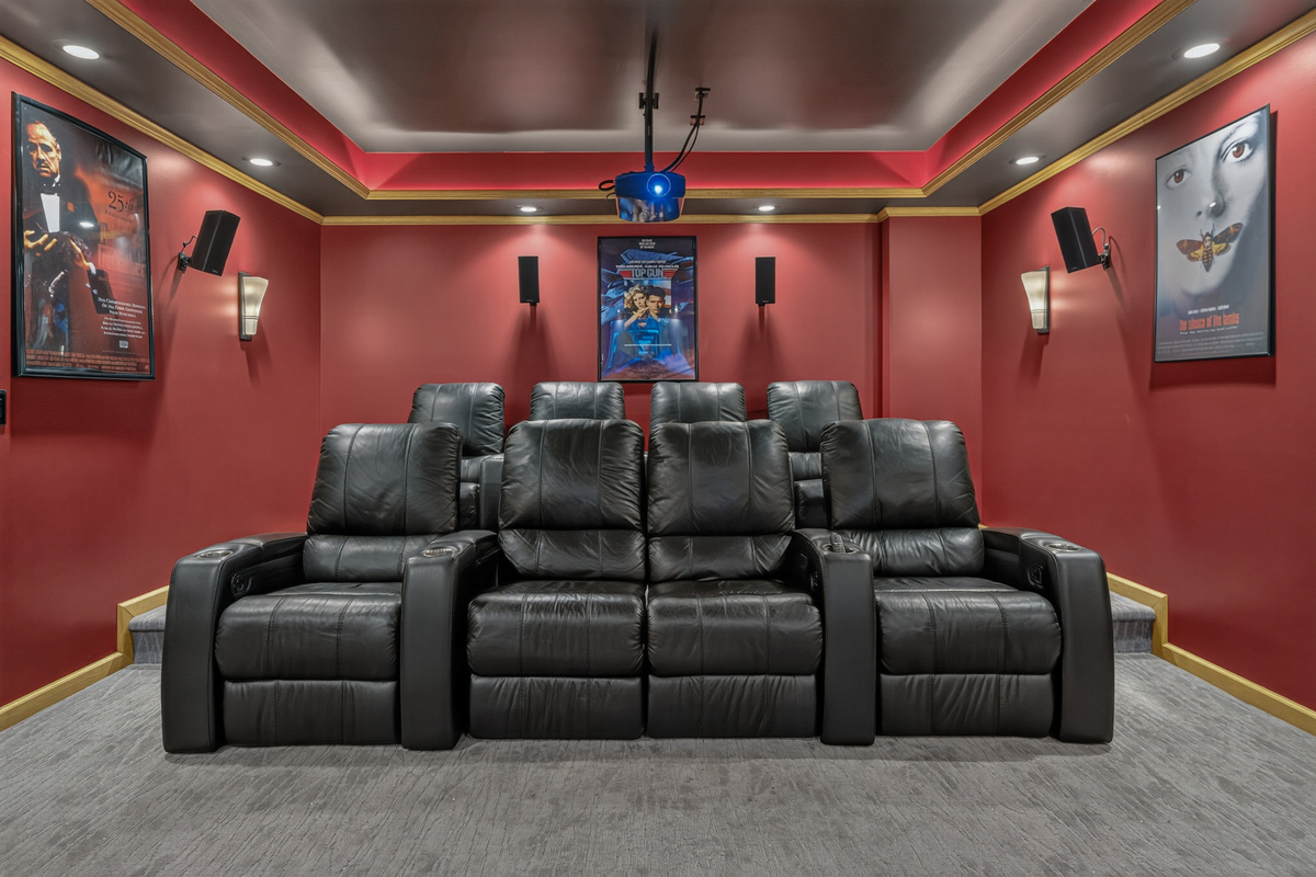 Home theater with tiered seating and projector