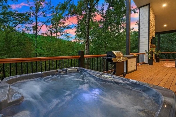 Relaxing hot tub experience on a scenic outdoor deck.