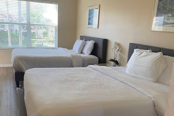 Bright bedroom featuring two beds, wood-look flooring, and a clean, relaxing setup.
