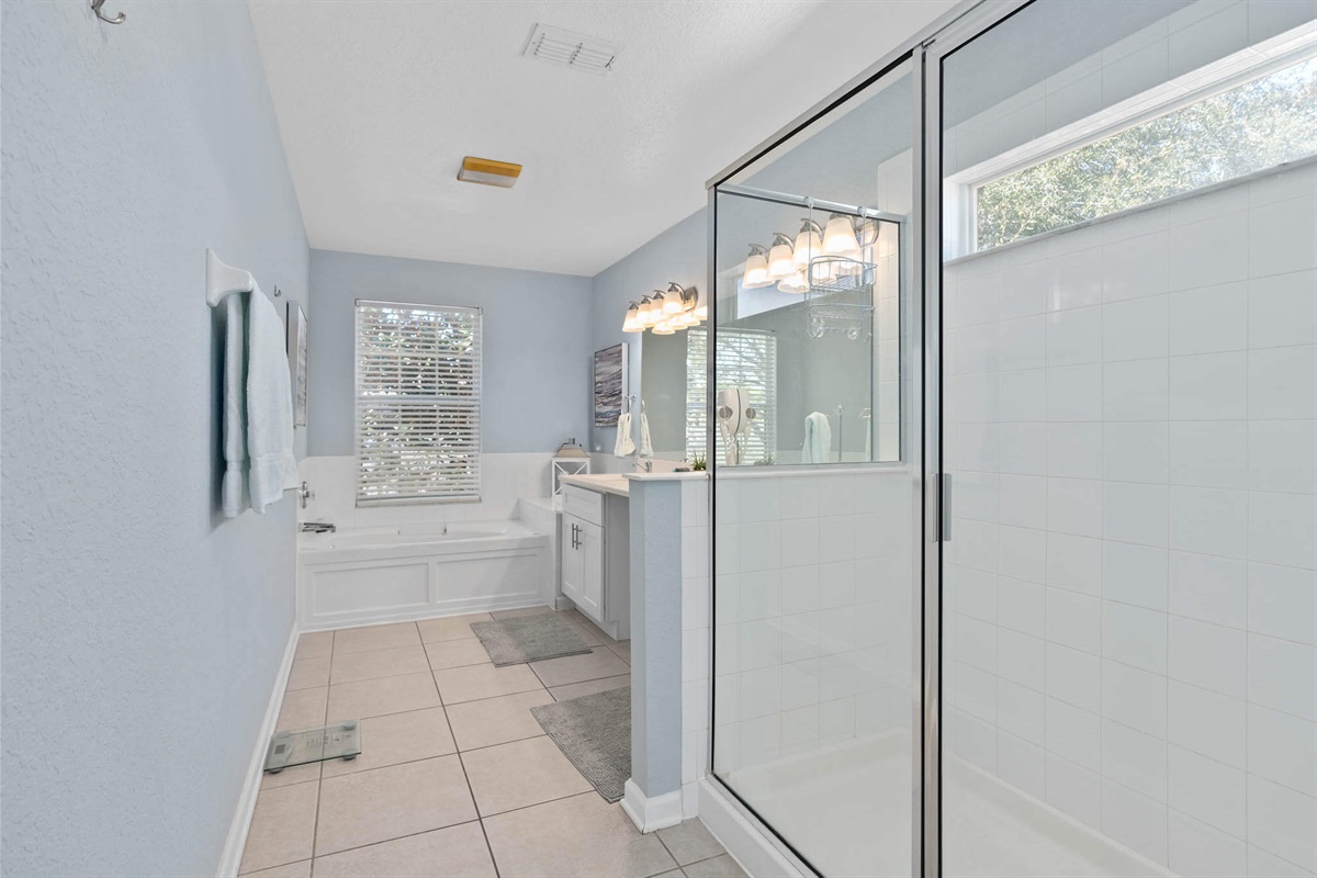 Upstairs ensuite with shower and soaker tub