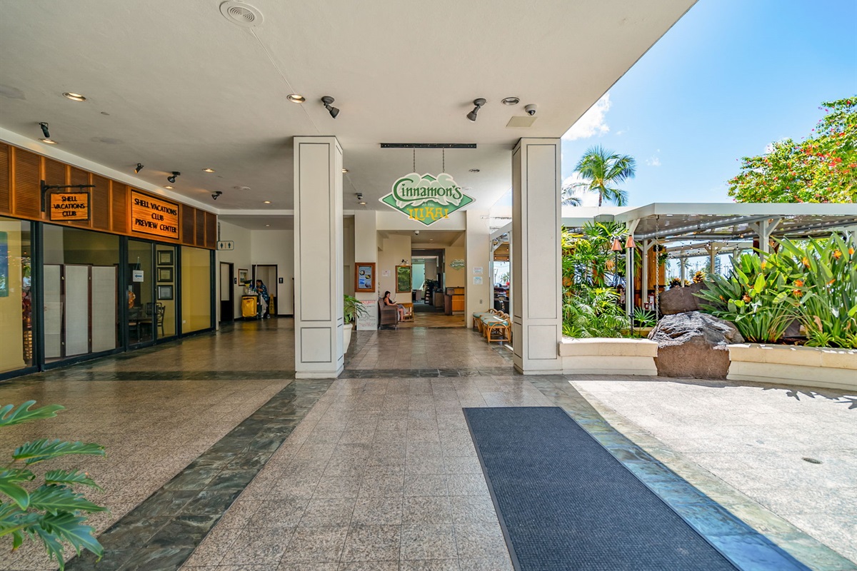 Hotel lobby has several resort shops, a market and dining available