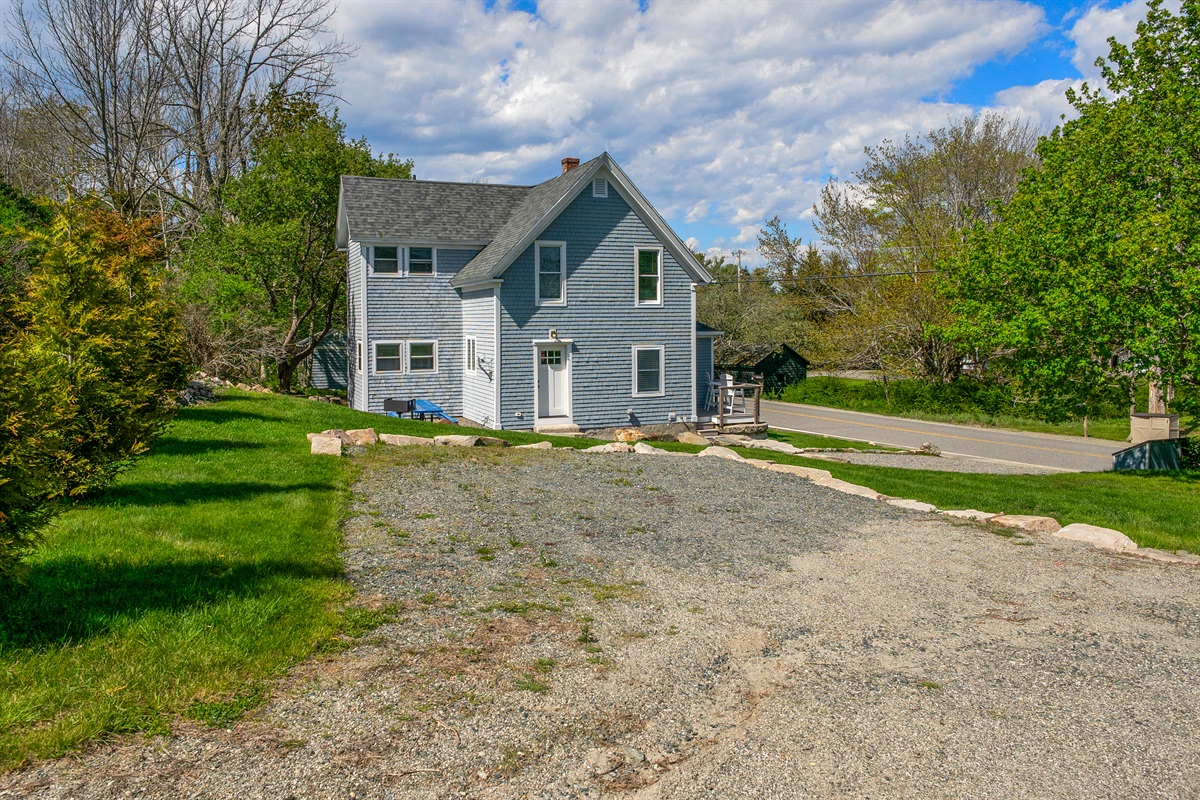Ample parking for your MDI adventure. Our Hall Quarry corner lot offers two distinct areas with room for multiple vehicles, trailers, or camper vans. Includes a dedicated high-voltage outlet for EV charging or camper power near Acadia.