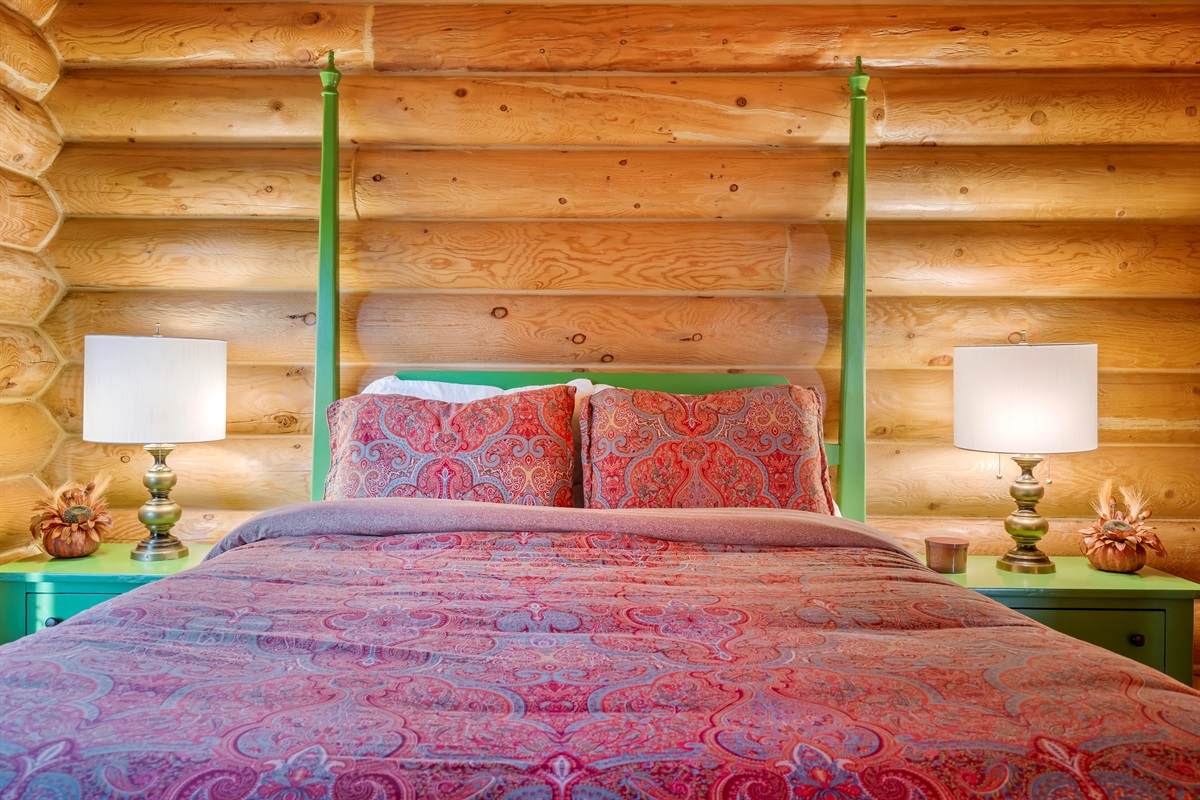 Second bedroom featuring a queen bed and plenty of storage.