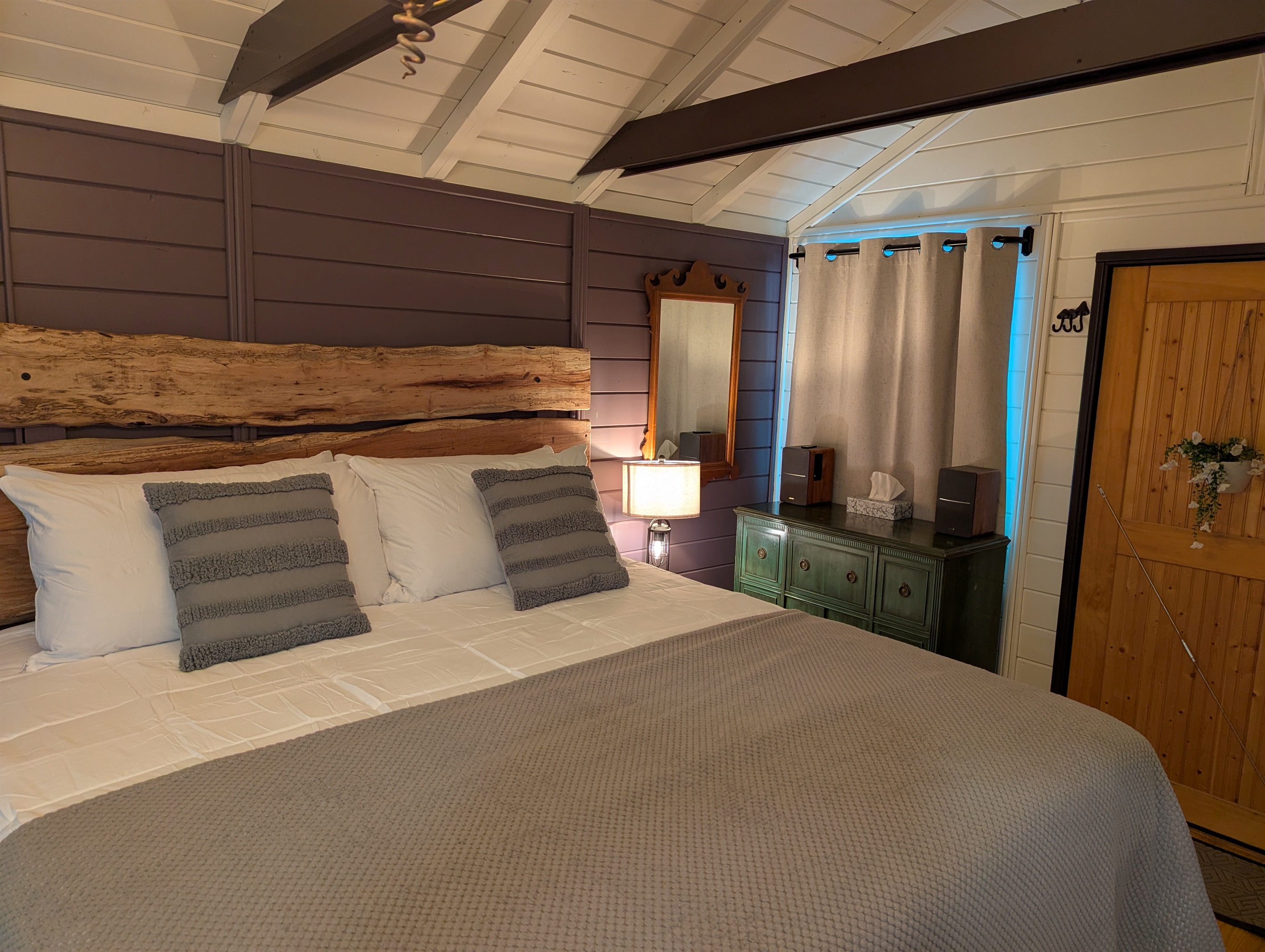 King Bed and Bluetooth speakers