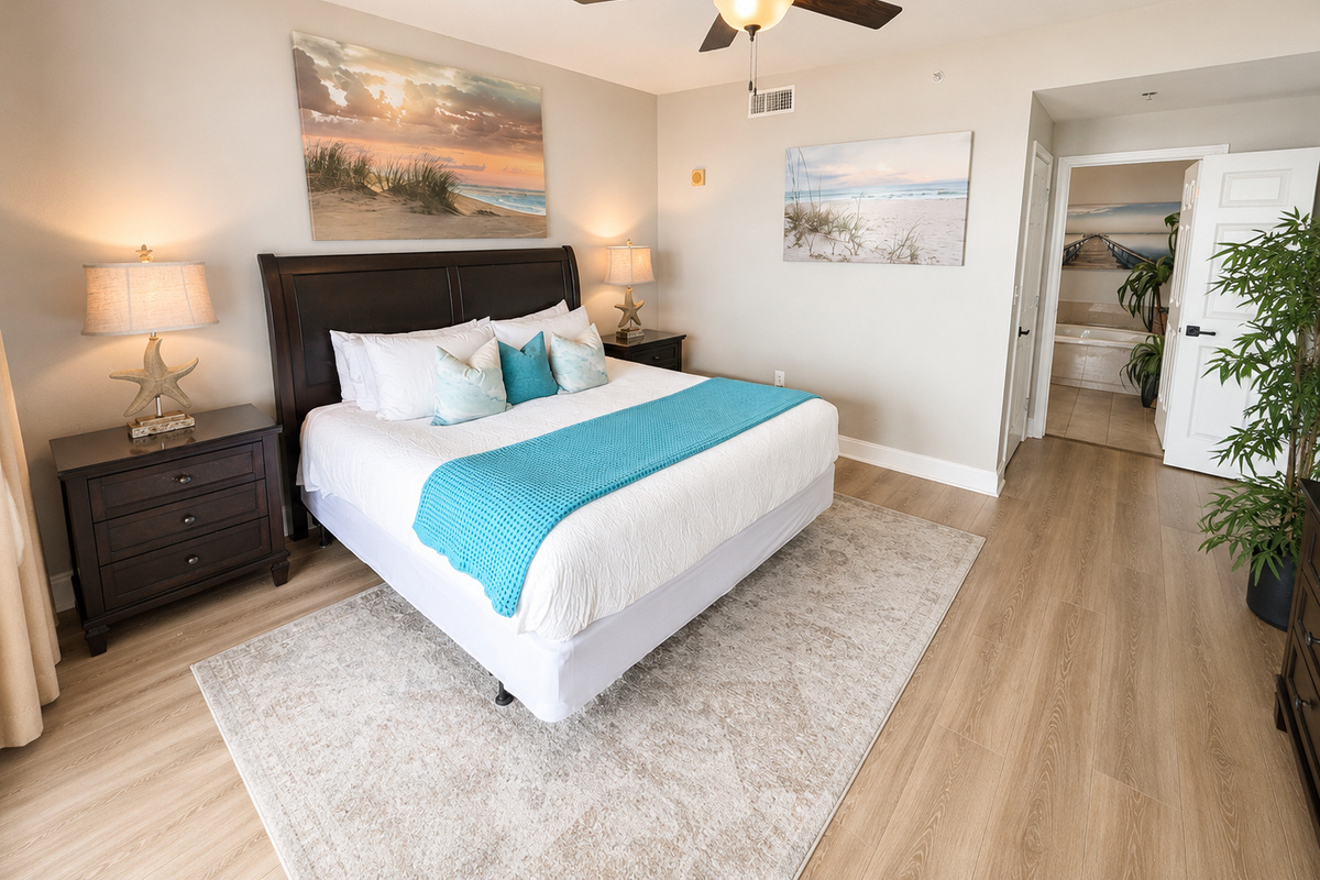 Master bedroom with king sized bed