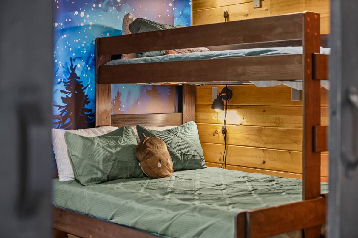 Twin XL over a queen bed in the bunk room.