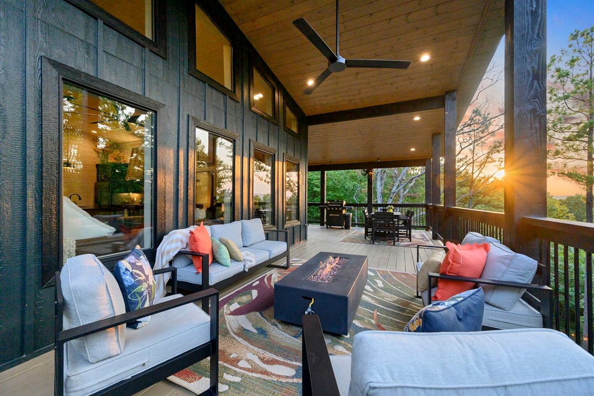 The gas firepit on the upper balcony is a great place to relax on a cool evening.  Just look at that sunset view!