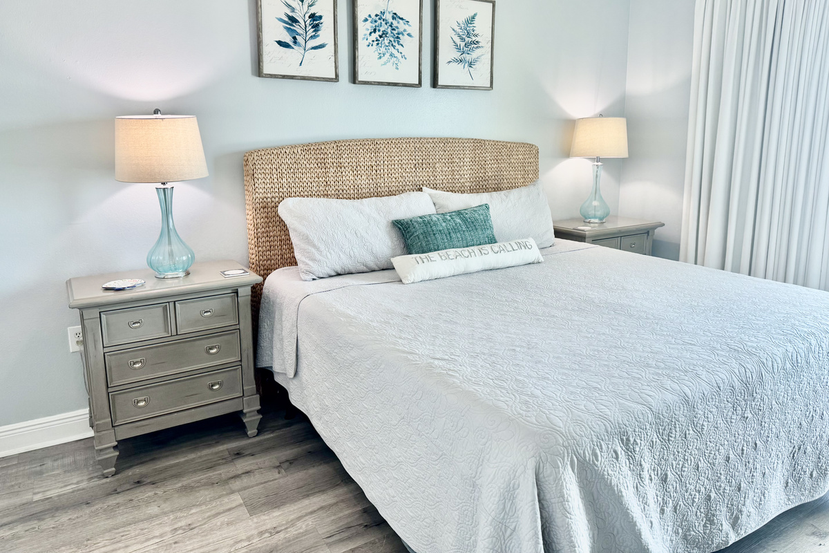 There's nothing better after a long beach day than climbing into this luxurious king bed in our Master bedroom!