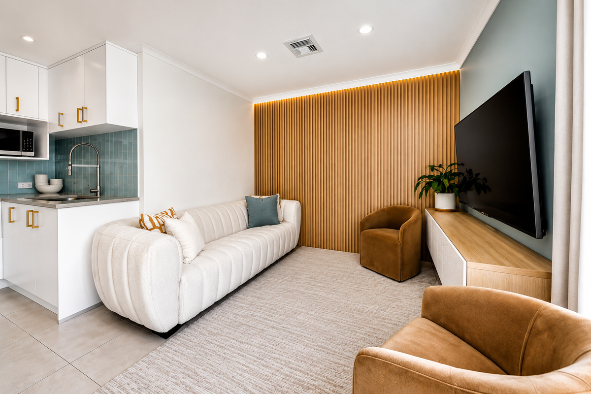 Lounge seating, air conditioning, heating, TV and PS5 entertainment make the living room at The Duchess of Duke easy to settle into.
