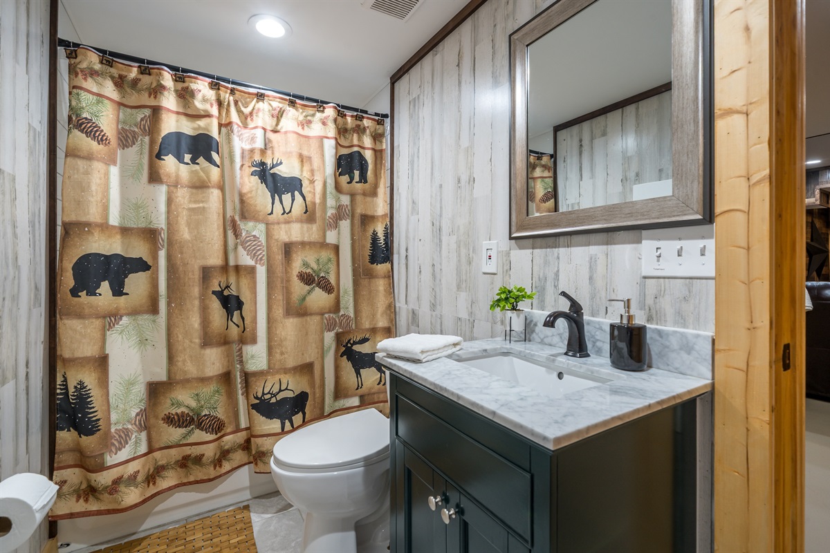 Full bathroom with top/shower combo, complimentary shampoo, conditioner, shower gel and handsoap. 