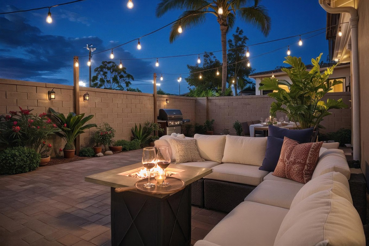 Relax under café lights by the fire table while you BBQ