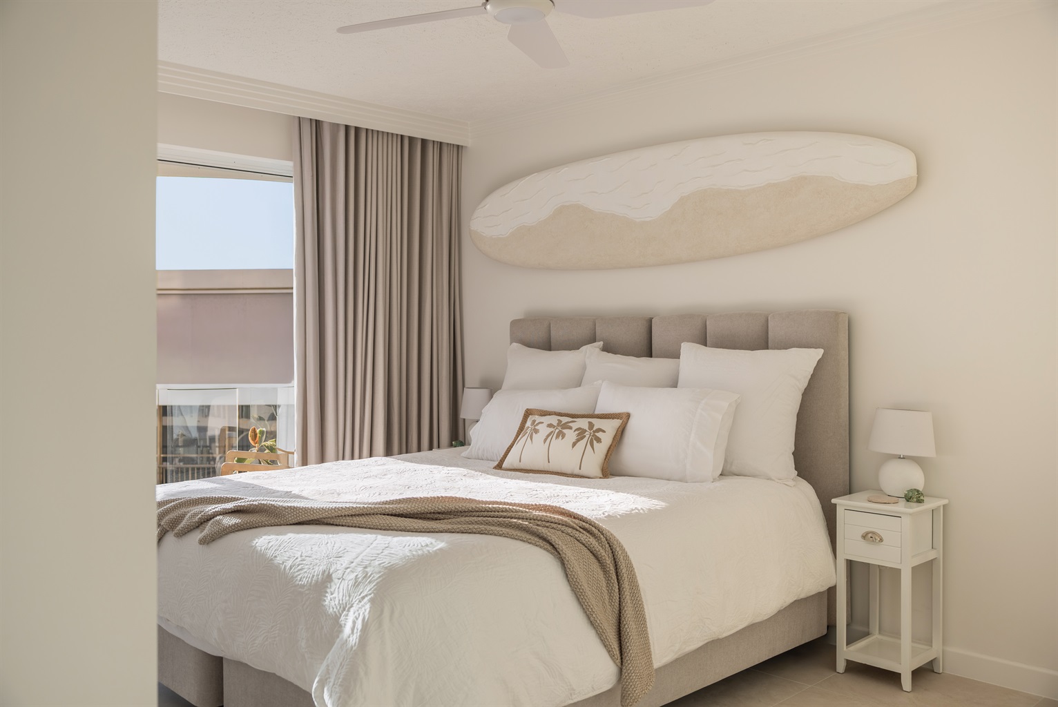 Comfortable King bed with premium linens, enjoy the sun rises over the ocean.