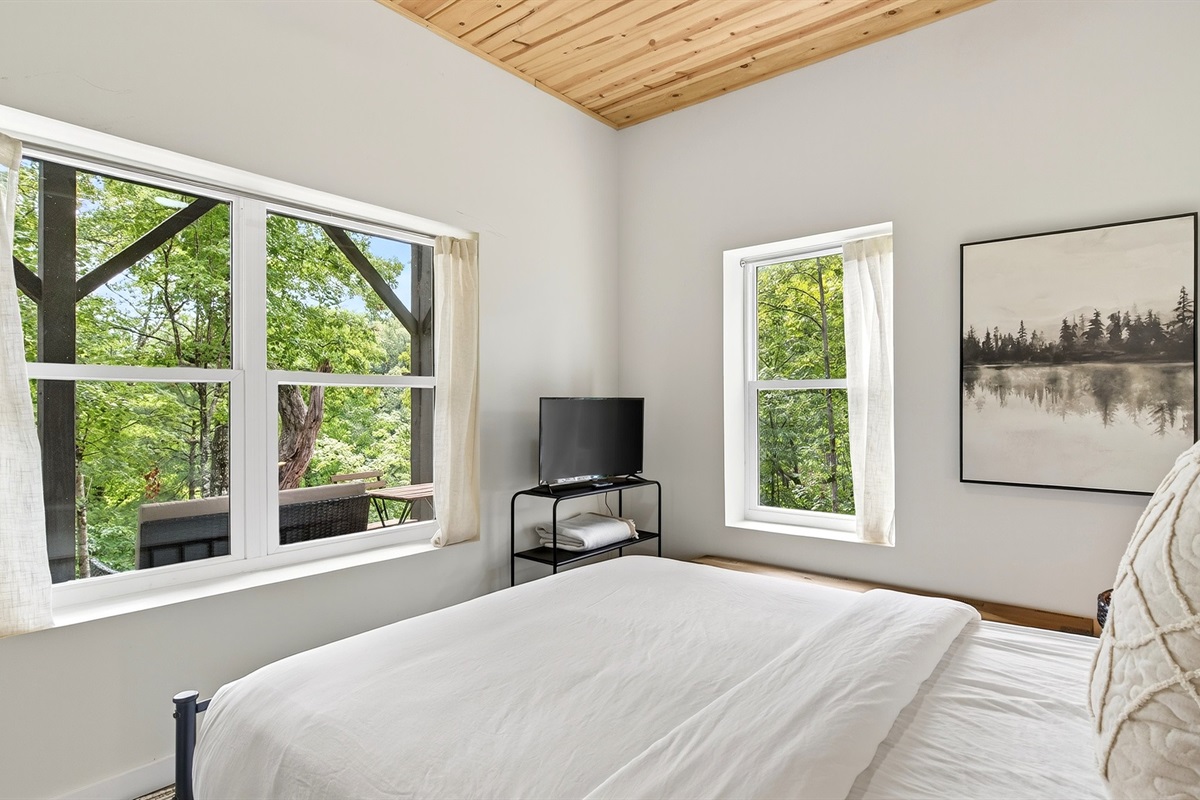 Bedroom 2 features a queen size bed and  a tv