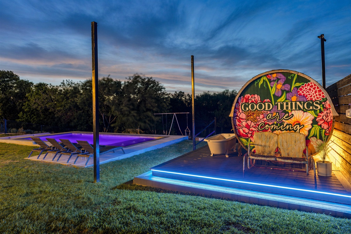 Good Things are Coming at The Noir, a luxury Lake Granbury vacation rental with private pool, outdoor sauna, and waterfront access.