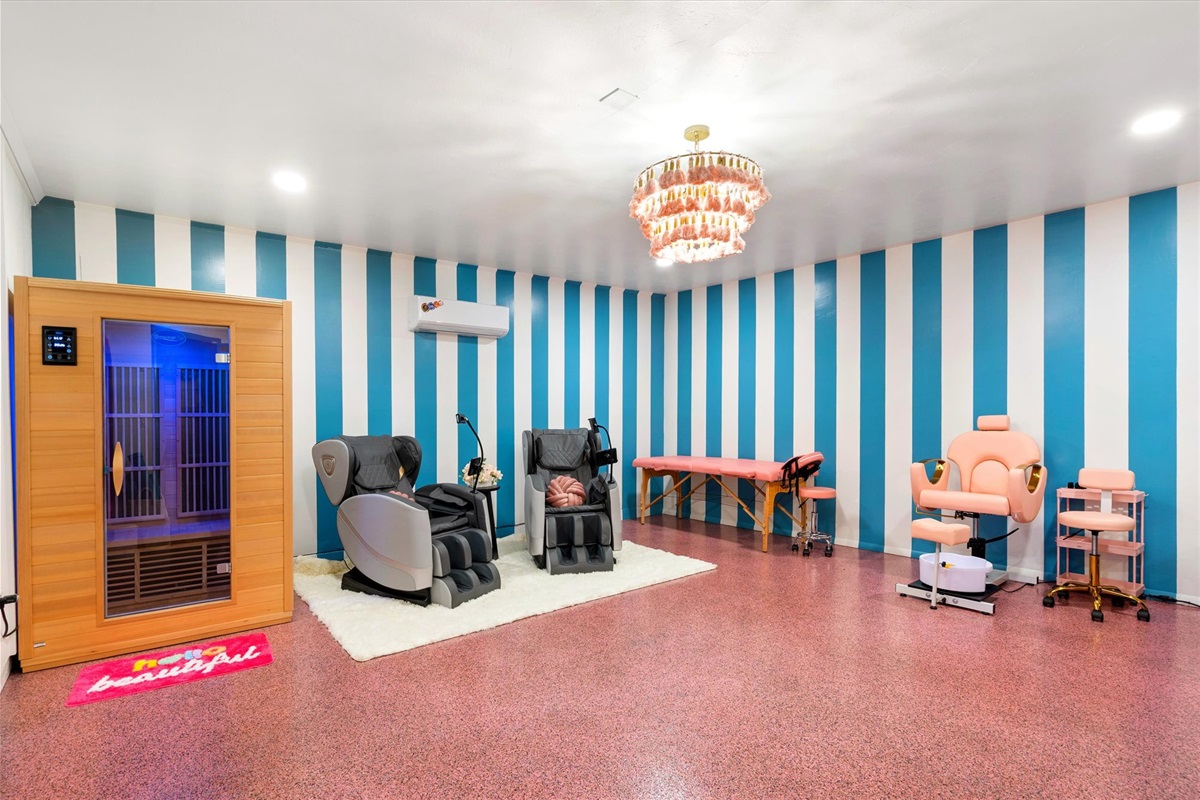 Relax & Rejuvenate in your private spa experience with Sauna, massage chairs, massage table, spa pedicure seat with a waterfall and spa music.  Ask About Our Concierge Massage And Pedicure Services