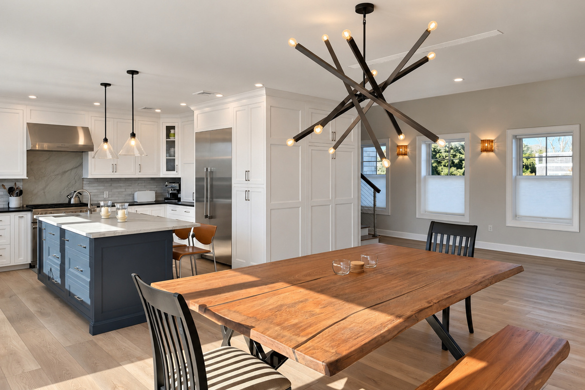 Dining table under a statement chandelier