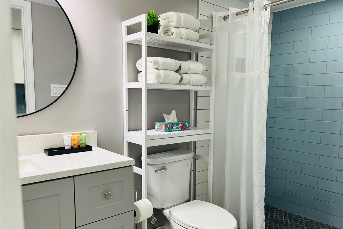 Start your day right with a full bathroom equipped for all your prepping needs.