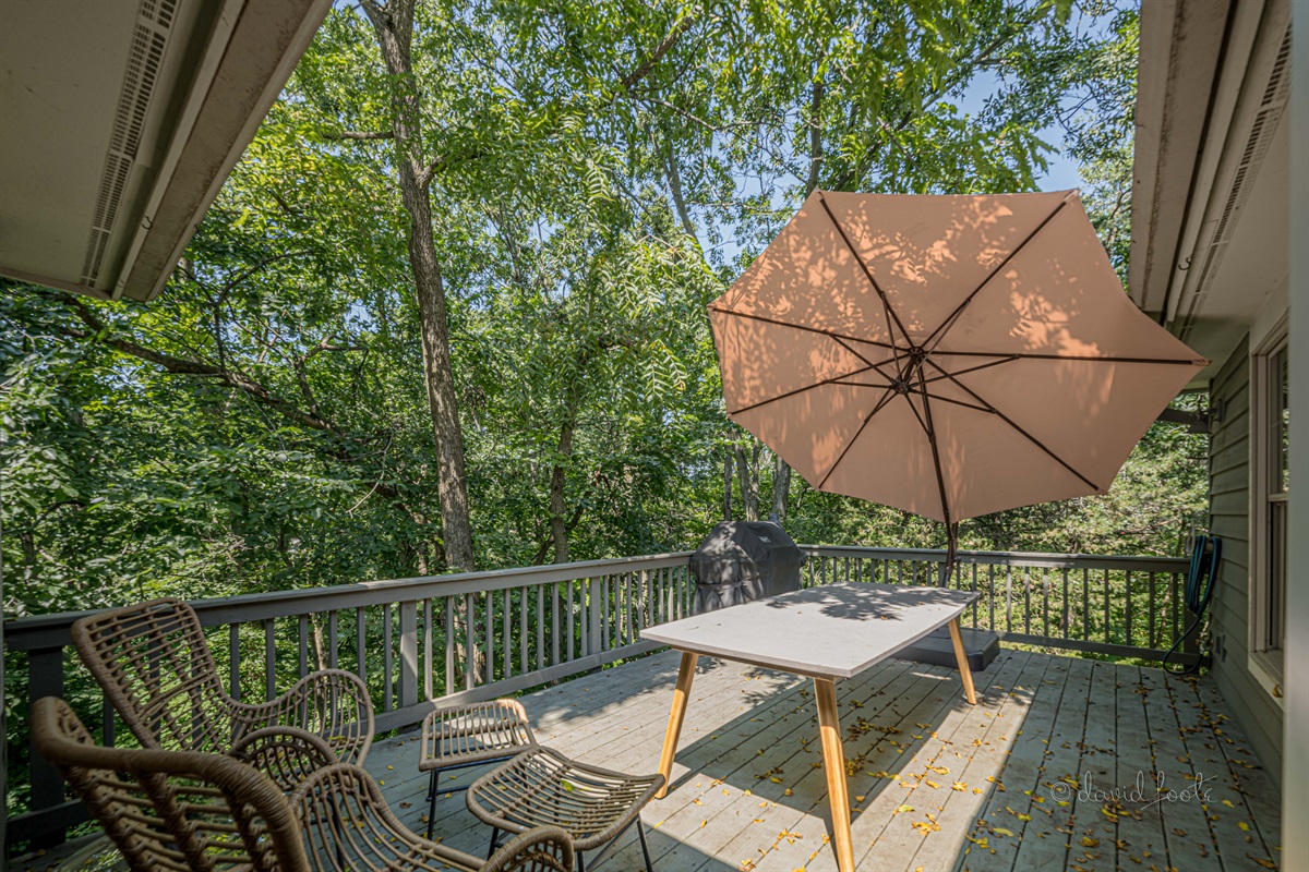 Deck overlooks woods and includes gas grill, table that accommodates 8 guests, and lounge chairs for two