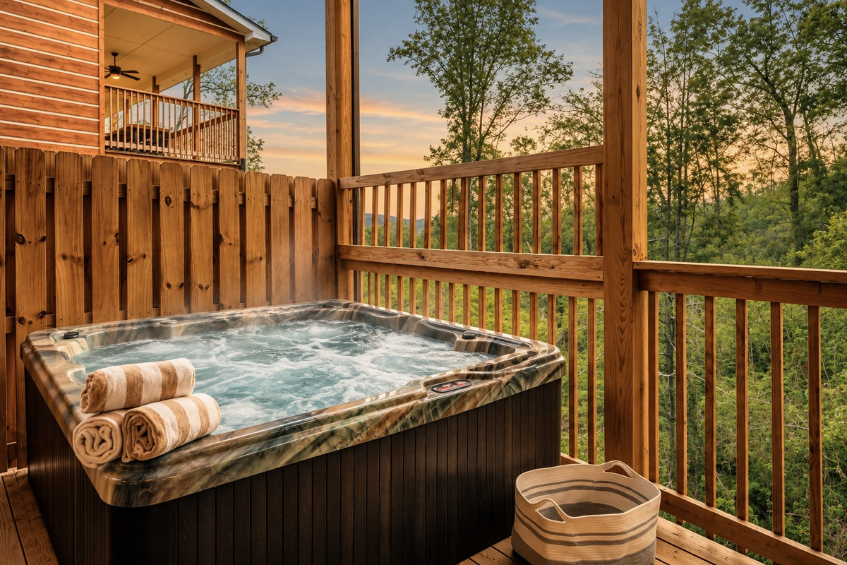 Soak behind a privacy fence with open forest views just past the railing.