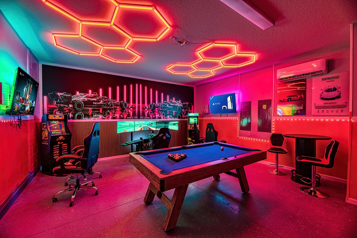 Incredible Game Room with $10,000 Racing Simulator