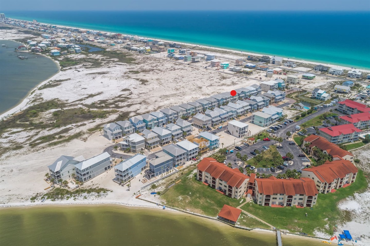 Full view of the area, the beach, and the red dot is the location of the house
