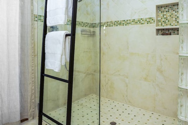 Primary bathroom with walk-in shower.