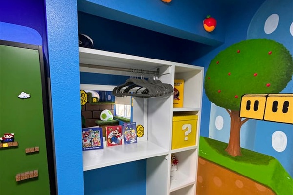 Clothing storage and other surprises in the Yoshi's fort bedroom. 