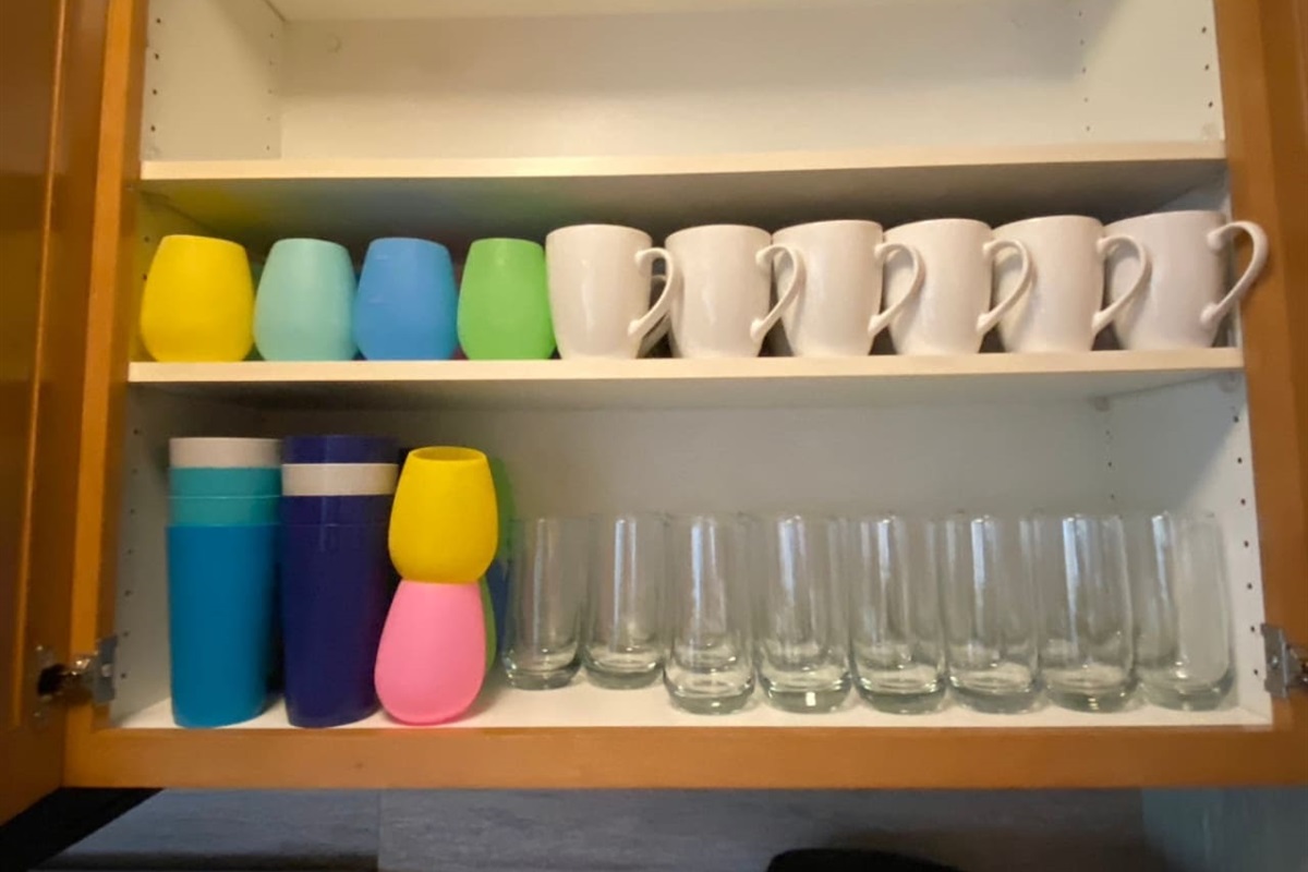 24 each of tall drinking glasses, mugs, outdoor tumblers, and outdoor wine glasses.