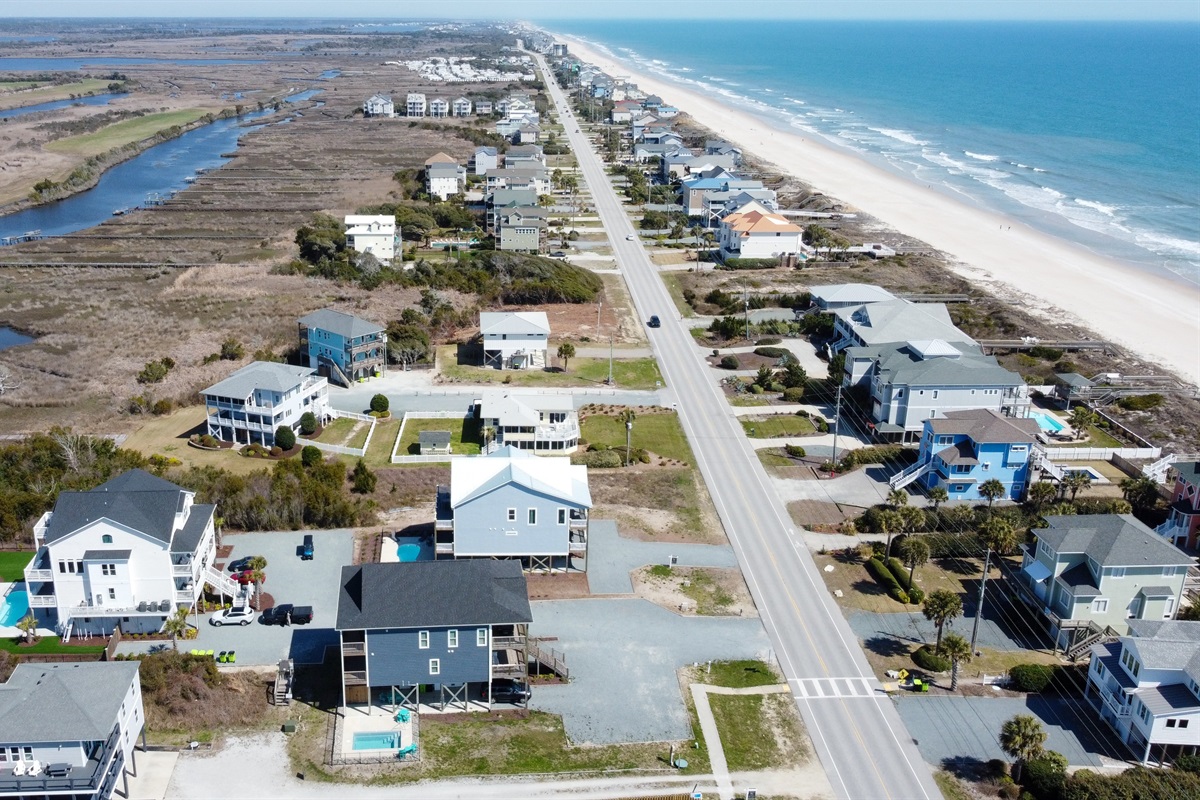 Island Drive, North Topsail Beach, looking north with ocean and sound views on both sides