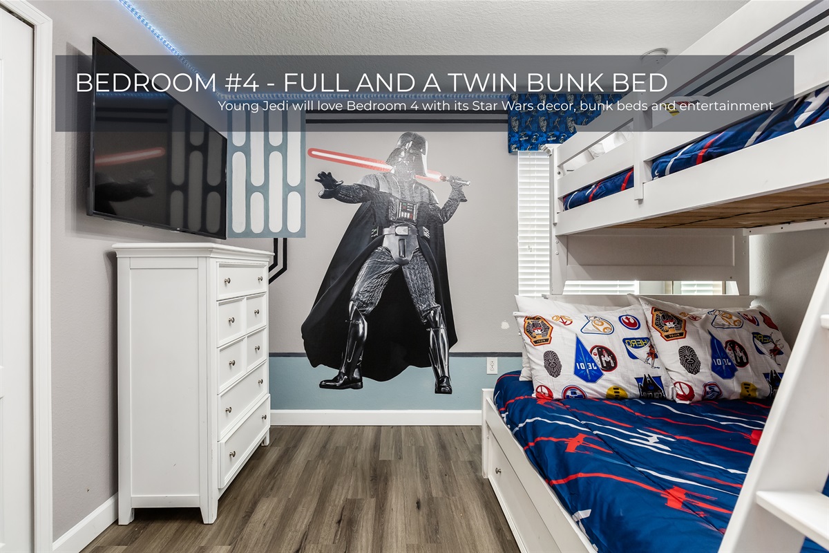 Sleepovers made easy in Bedroom 4 with a fun full and twin bunk bed combo
