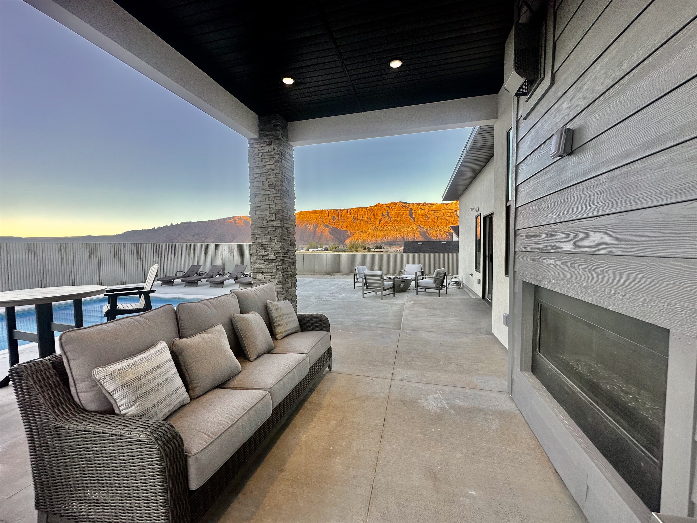 Covered Outdoor Fireplace and Seating