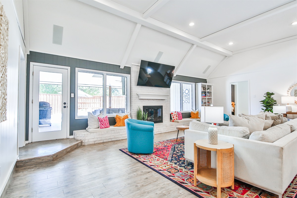 Living room with backyard in the background