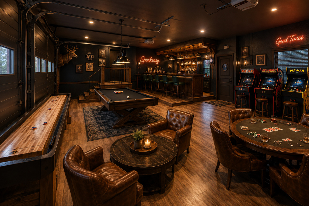 {Garage Game Room & Speakeasy} Challenge friends to shuffleboard, play arcade classics, gather around the poker table, or enjoy a drink at your own private speakeasy—the ultimate space for unforgettable nights together.