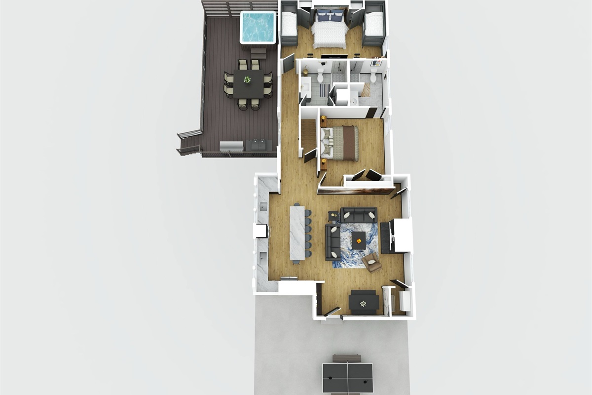 The thoughtfully designed floor plan maximizes comfort and connection. It’s ideal for families and small groups who value quality over excess space.