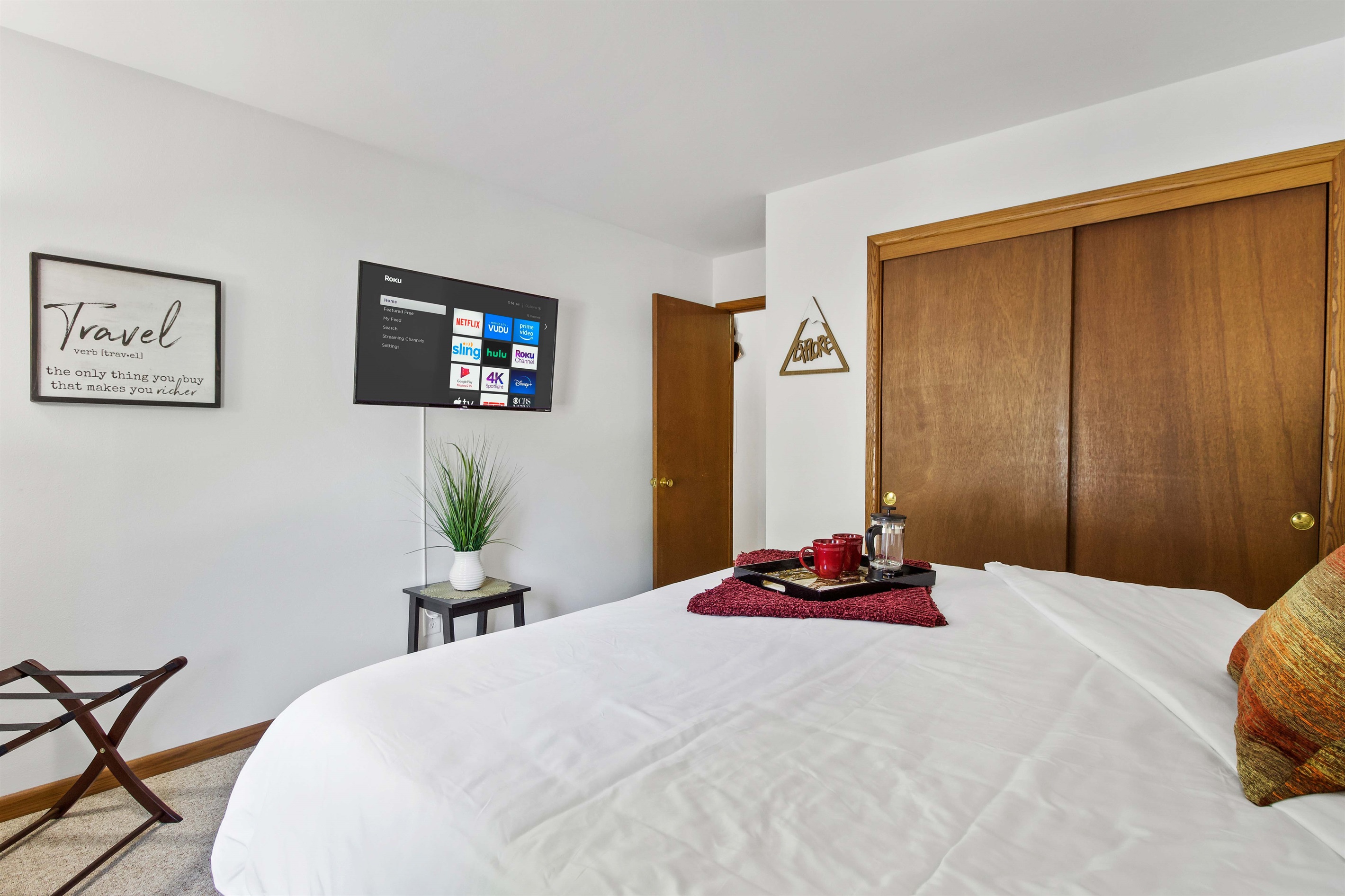 43in 4k Roku TV in the bedroom with plenty of closet space.