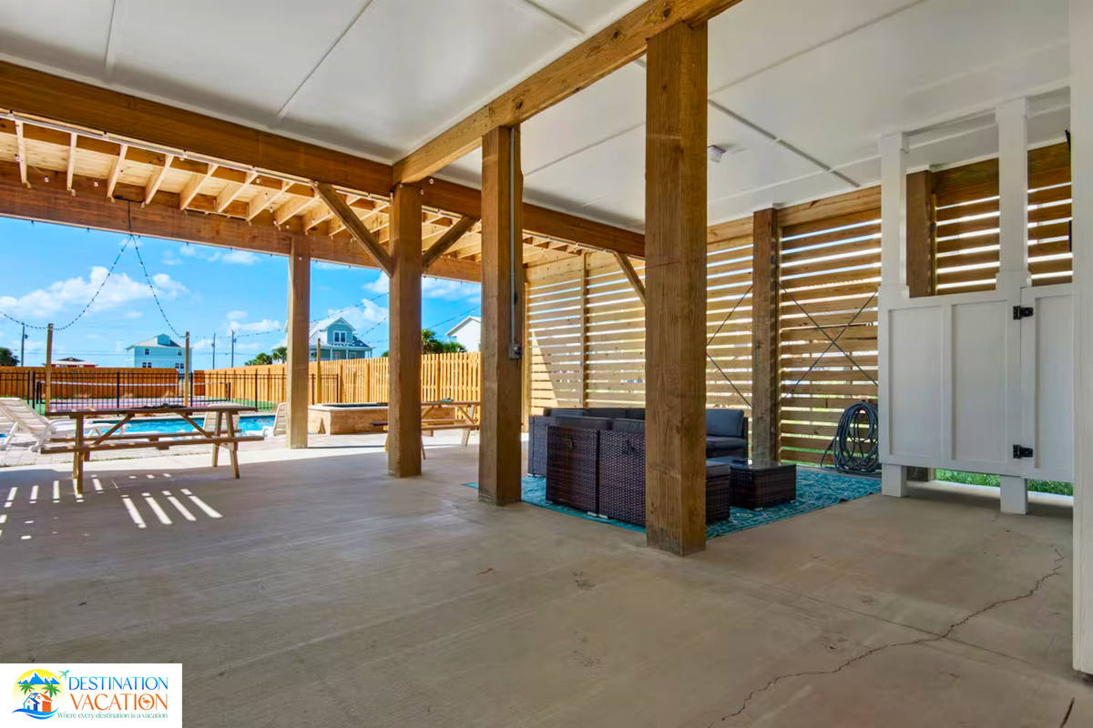 Spacious covered area offers shade and convenience.