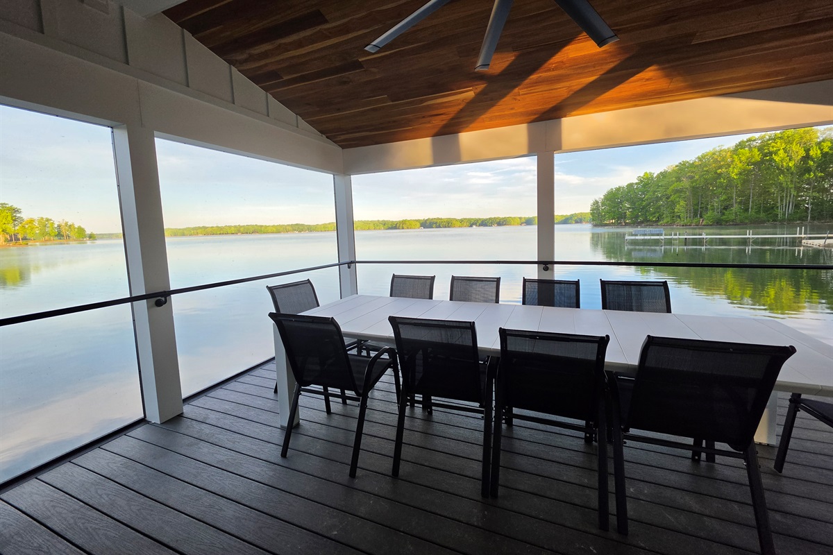 Boathouse dining table with private lake views