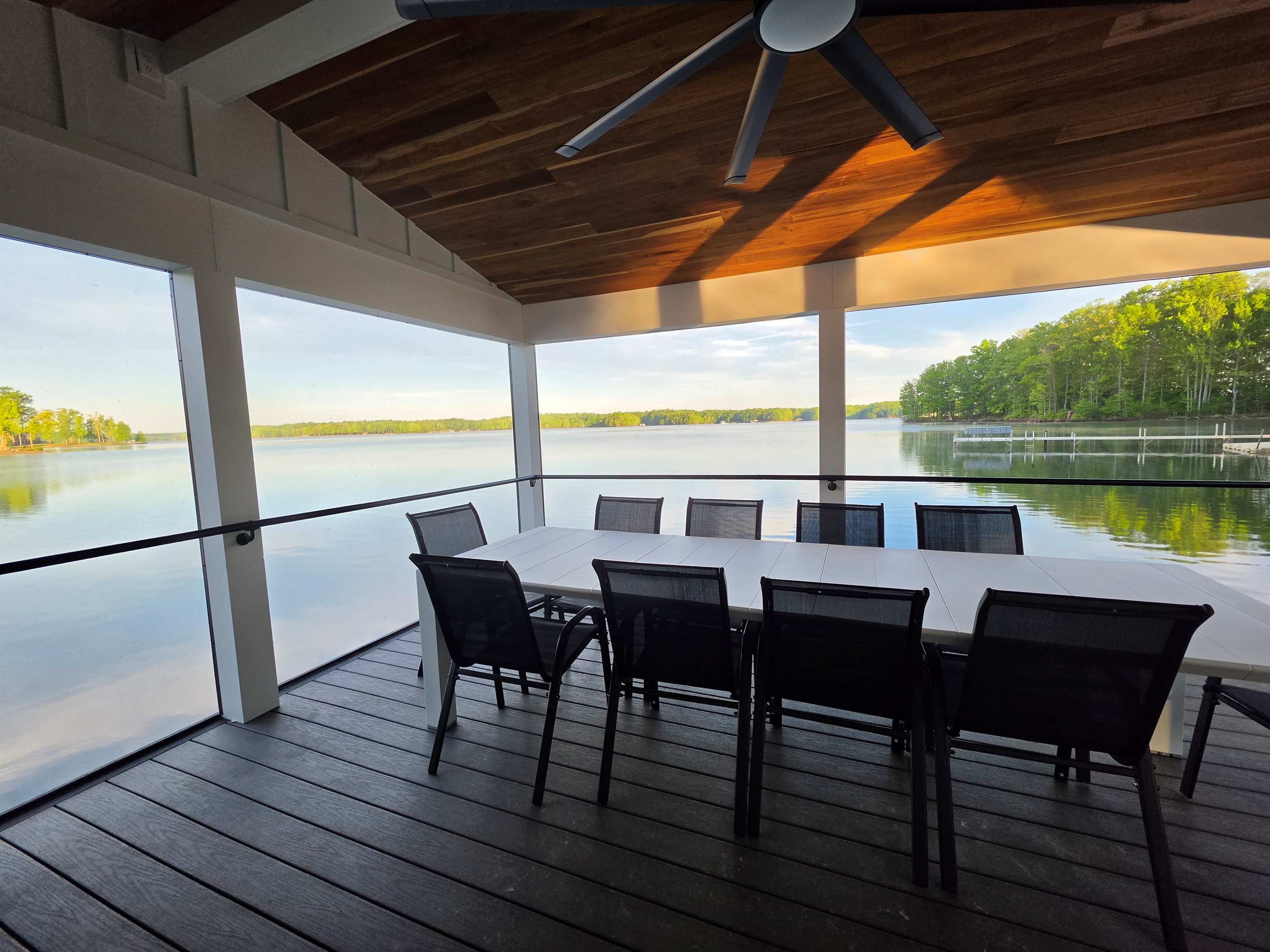 Boathouse dining table with private lake views