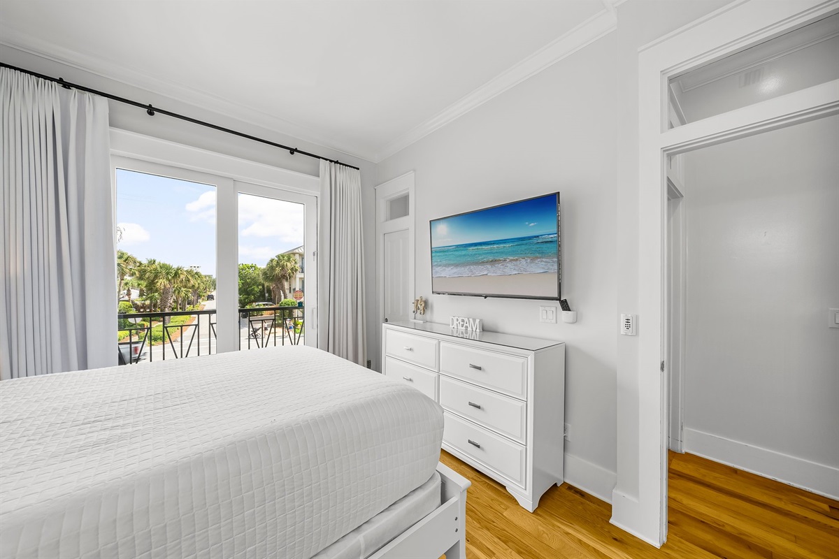 Bedroom 3 (2nd Floor): QUEEN bed, with balcony overlooking Frangista Beach neighborhood