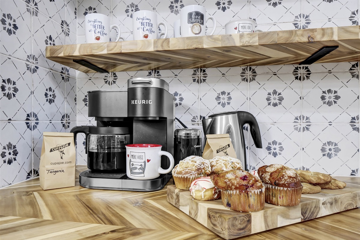 Kickstart your morning with the ultimate coffee bar featuring freshly brewed coffee or a convenient Keurig.