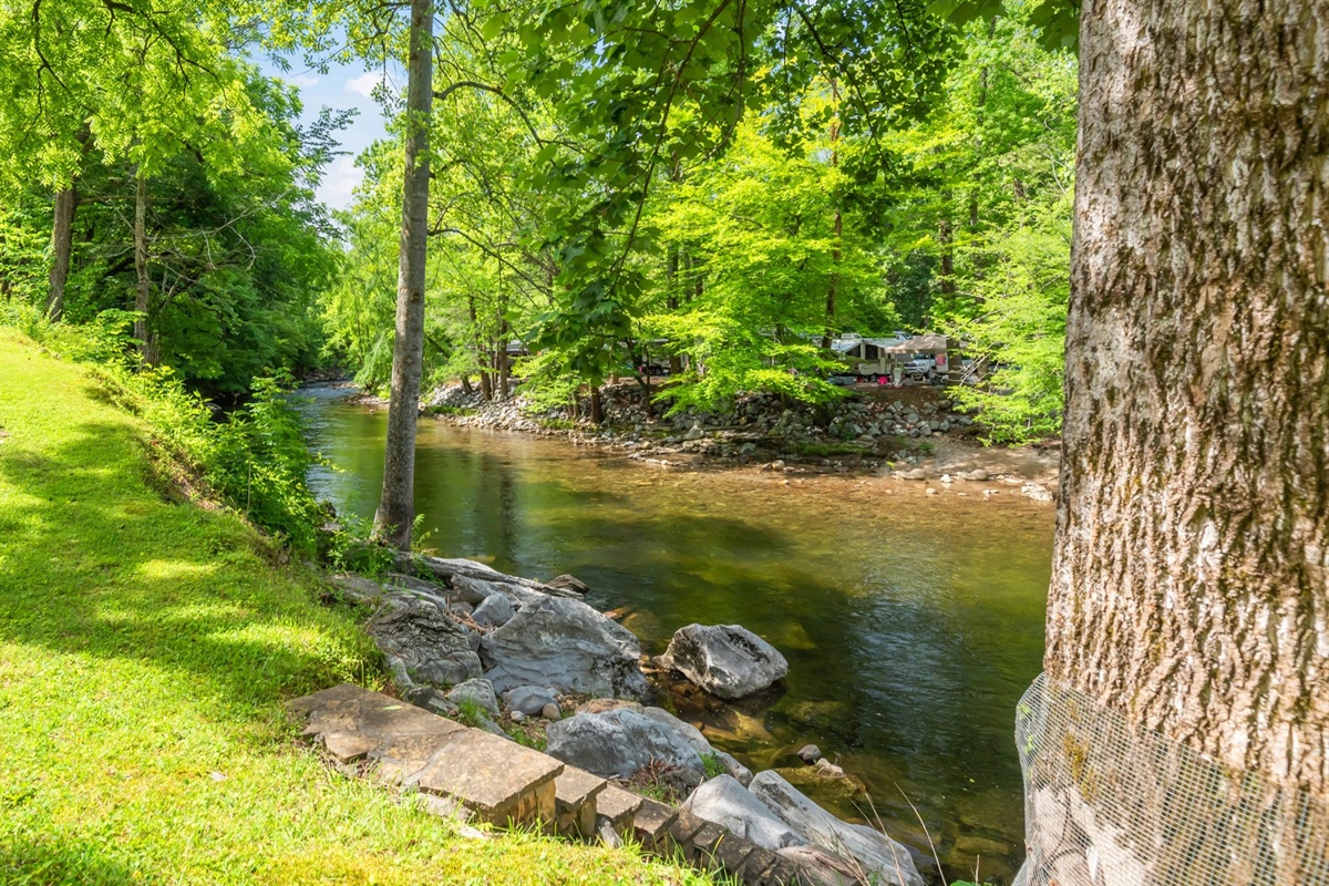 See the cabin on the left? This is the slope down to our community river access steps...