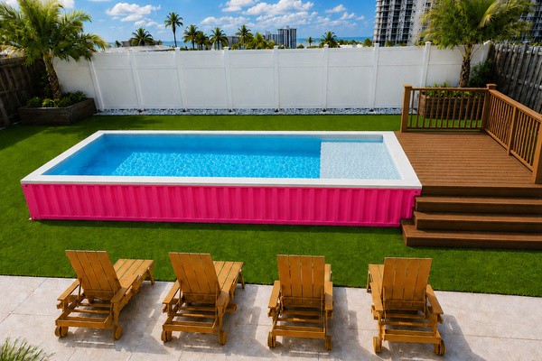 New backyard renovation with a private shipping container pool. Relax on the tanning ledge or take a refreshing dip. 