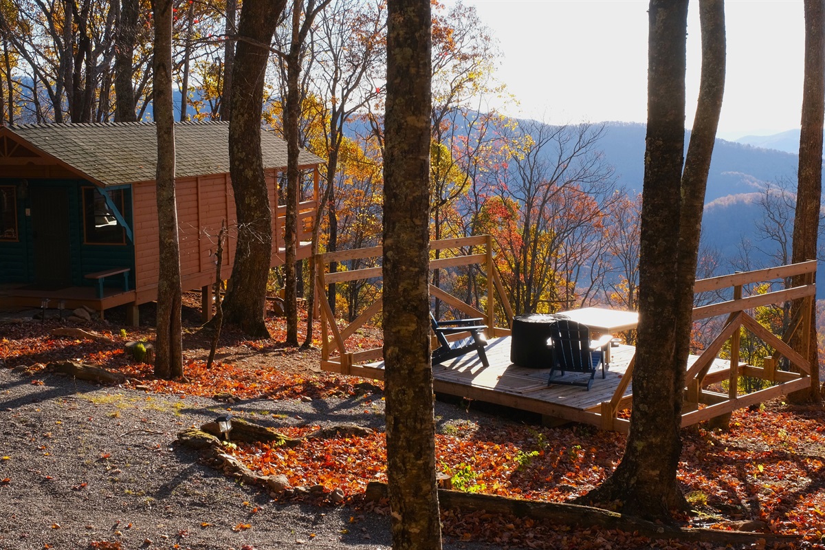 Deck next to the Cabin with gas Firepit Table