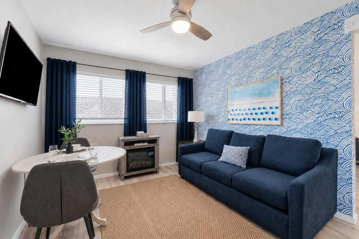 Living Room with Smart TV, Dining Table, Sofa Sleeper