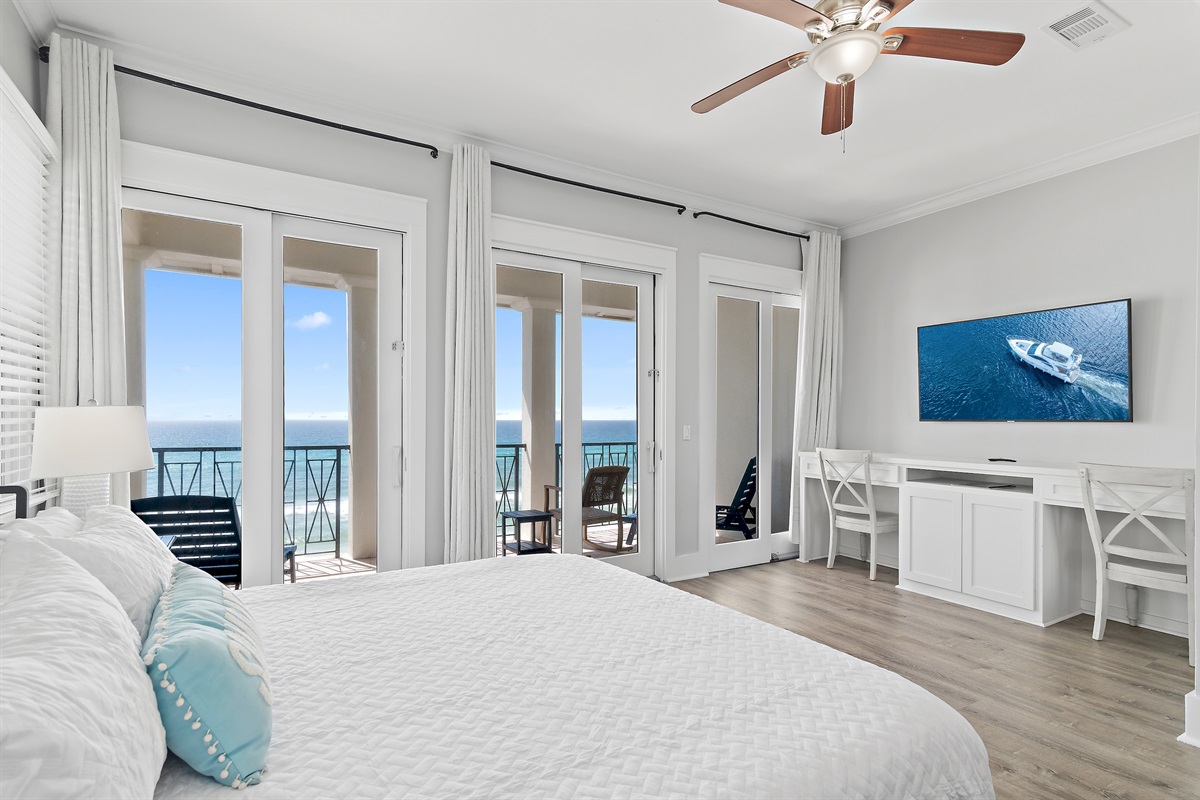 Frangista Sunset's 3rd Floor - Bedroom 1: Master Bedroom with KING bed, Gulf Views, ensuite bathroom with soaker tub and walk in shower, Private Balcony, 65” Smart TV (Sleeps 2)