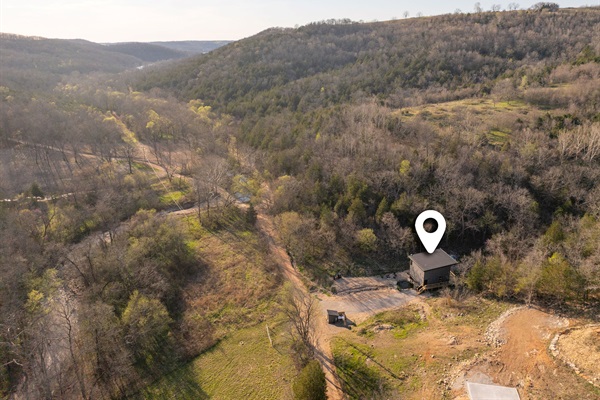 Aerial View: Echo Creek Loft is secluded in the natural beauty of the Ozarks while being within walking distance of Table Rock Lake and mere minutes from the nearest marina