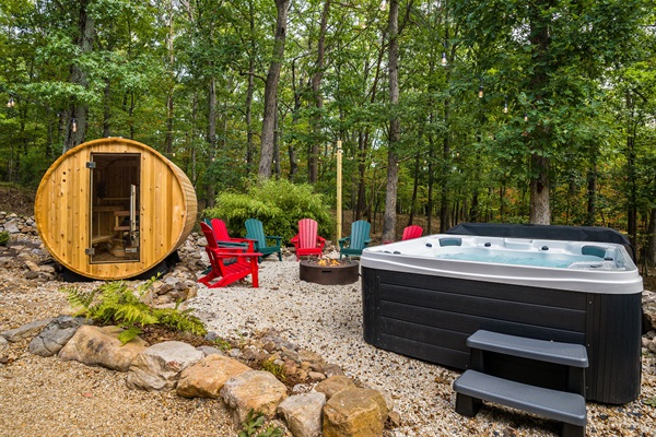 The ultimate outdoor retreat—hot tub, sauna, and fire pit all in one