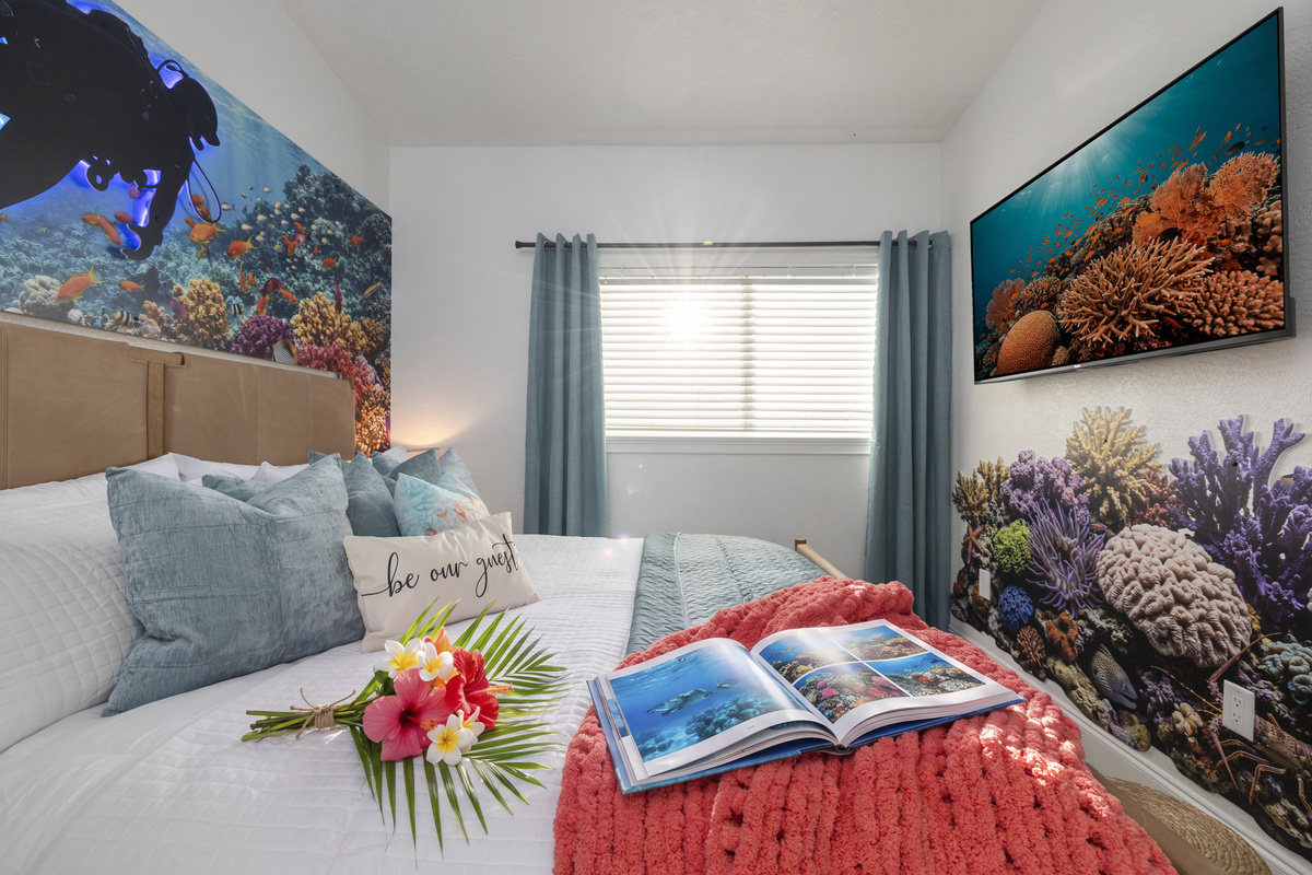Like all the bedrooms, this bedroom includes a large TV for your enjoyment.